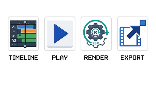 Video editing icon set with timeline, play, render, and export symbols. Post-production software interface elements. Digital media creation tools.