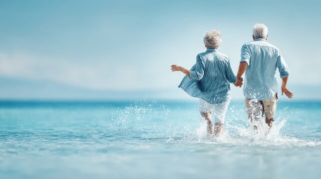 Lovely couple romantic moment. An older couple running handinhand through the water, captured in a candid moment of joy and connection. The man and woman are dressed in casual beach attire.