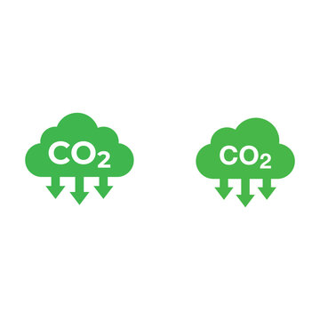 Green cloud icons with CO2 emissions decrease downwards naturally