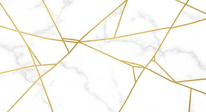 A seamless background, pattern featuring white, marble texture intersected, by thin, sharp, geometric gold lines, creating a fragmented, triangular grid