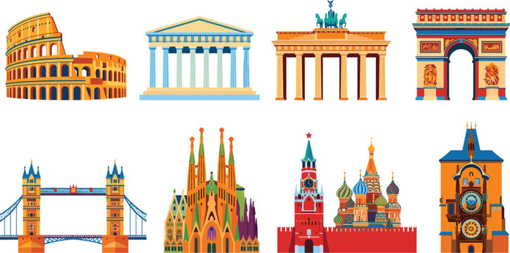 European Famous Landmark Vector Set with Colosseum Tower Bridge and Sagrada Familia