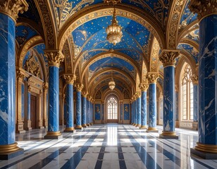 Obraz premium A lavish interior with blue and gold arches, columns, and chandelier in a long hall
