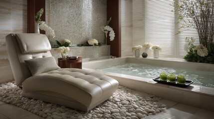 Therapy stress release treatment, health lifestyle. A tranquil spa room with a luxurious bathtub filled with water, a relaxing chair with a cushion, a tray containing candles.
