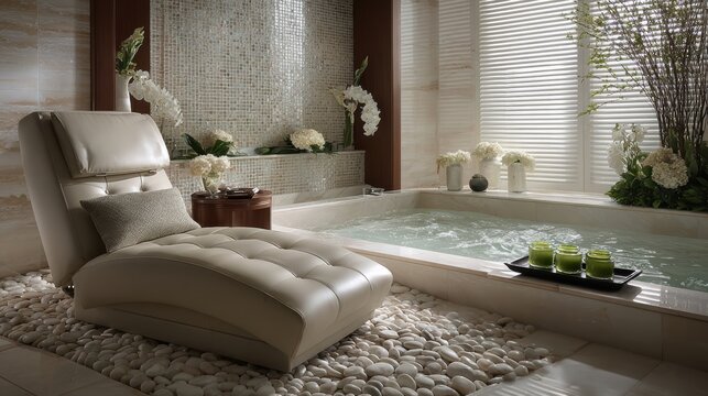Therapy stress release treatment, health lifestyle. A tranquil spa room with a luxurious bathtub filled with water, a relaxing chair with a cushion, a tray containing candles.