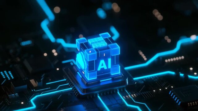 Glowing blue AI cube on a computer circuit board. Glowing electronic pathways, processor chip, motherboard circuitry, futuristic computing hardware technology.
