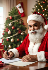 Fototapeta premium Santa Claus writing a letter indoors near Christmas tree