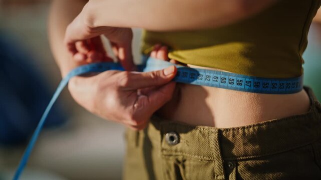 Closeup woman checking waist measurement looking mirror reflection home. 