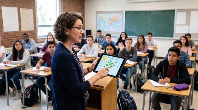Teacher using tablet to explain plant photosynthesis to diverse high school students in classroom
