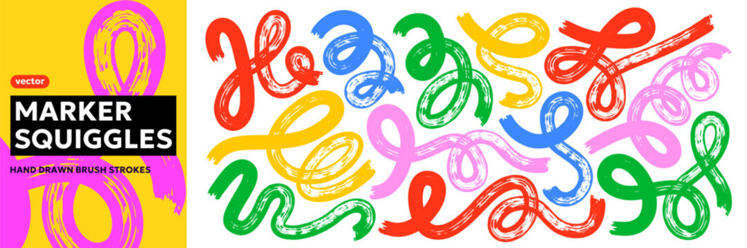 Colorful marker squiggles and doodle swirl set with bold hand drawn loops and curly strokes. Funky abstract shapes for posters, social media, branding and modern graphic design. Vector illustration.