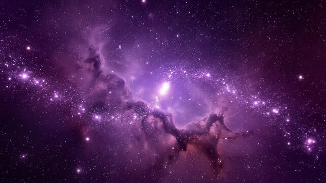 Cosmic purple nebula with glowing stars and interstellar gas clouds in deep space
