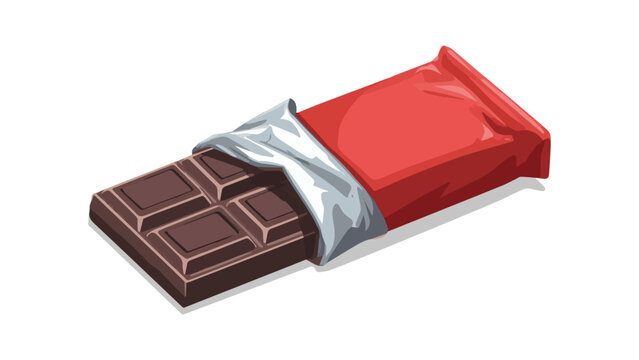 Chocolate bar with red wrapper and glossy dark chocolate squares on a white background