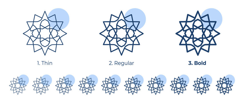 A collection of geometric star icons in thin regular and bold line weights.