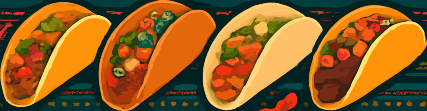 A vibrant, close-up, horizontal banner showcasing four distinct and appetizing tacos, each filled with colorful ingredients against a dark, textured background.
