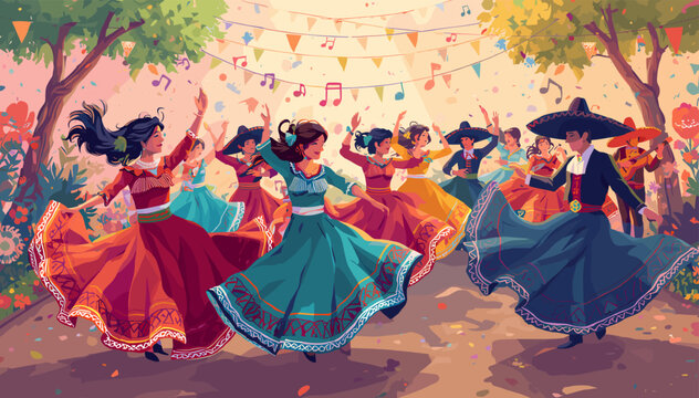 Vibrant illustration of a group of people performing traditional Mexican folk dances at an outdoor festival with colorful decorations and music.