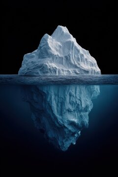 Winter season adventure exploration. An iceberg floating in deep blue water, its reflection shimmering on the surface. The dark background highlights the icebergs luminosity.