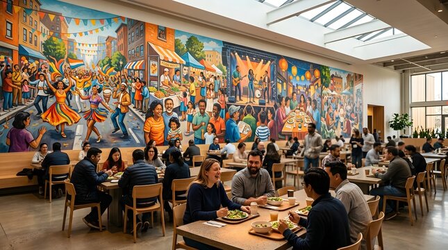 Modern Cafeteria with Diverse People Dining and Large Colorful Community Mural Background