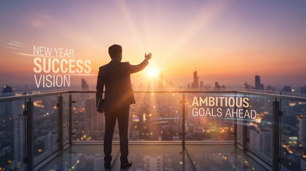 Fototapeta premium Businessman Embracing New Year Success and Ambitious Goals Under Stunning City Sunset on Rooftop
