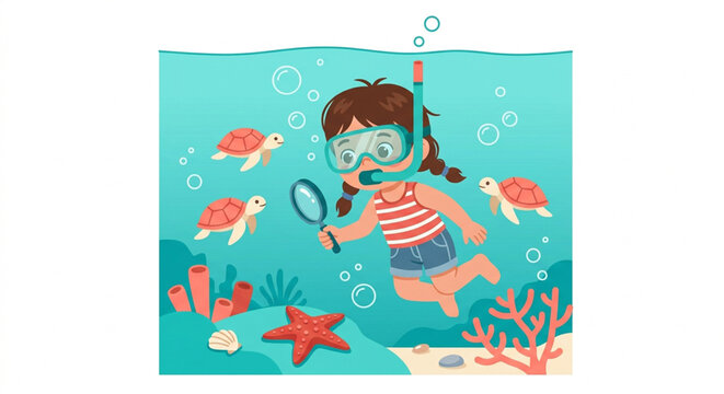 Underwater scene, cartoon girl snorkeling, marine life, ocean creatures, vector illustration