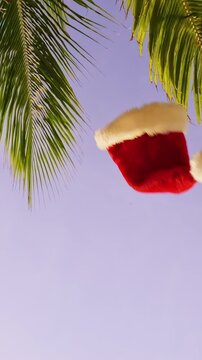 Vertical video. Slow Motion Santa Hat Floating Between Tropical Palm Leaves Against a Clear Sky, Festive Christmas Mood in a Warm Exotic Paradise