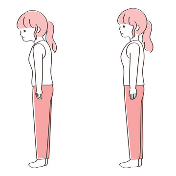 良い姿勢と悪い姿勢の女性を横から見た比較イラスト｜ストレートネック・巻き肩