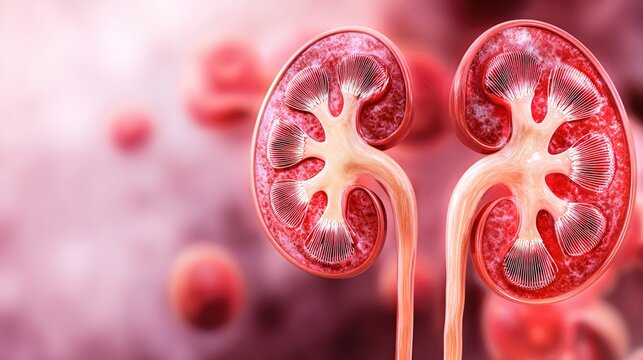 3D Medical Illustration of Kidney Failure Disease, Cross Section Human Renal Anatomy Showing Damaged Nephron, Chronic Renal Insufficiency Disorder, Uremia Pathology Diagram for Medical Education, Heal