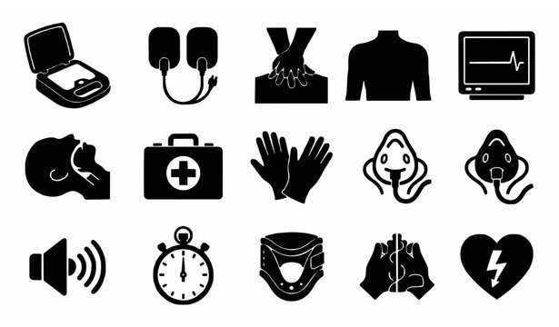 Cardiopulmonary Resuscitation CPR and First Aid Emergency Medical Icon Set with Defibrillator AED Equipment Symbols for Healthcare Education, Signage, and Manuals