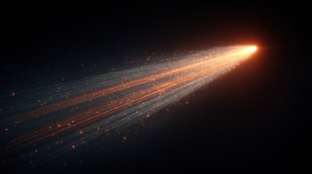 Space universe exploration, fantasy. A digital artwork depicts a celestial scene. A bright, radiant light source, resembling a comet, is the main subject. It emits a warm.