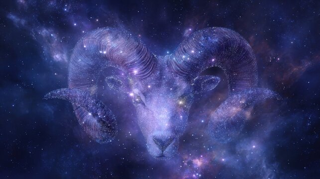Space universe exploration, fantasy. A vivid and captivating depiction of a rams head against a cosmic backdrop. The rams horns are intricately detailed.