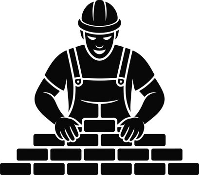 Construction worker in silhouette style laying bricks isolated on white background for building design