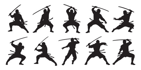 Set of black silhouettes of ninja fighters with japanese swords in various combat stances isolated on white background. © Md