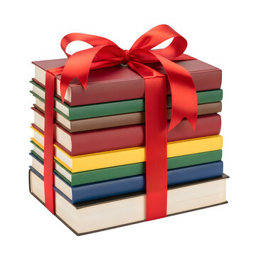 Stack of colorful books with red ribbon gift bow