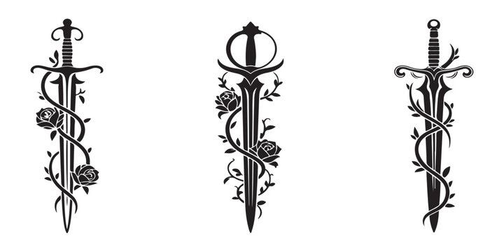 Set of three medieval swords entwined with roses in a black and white vector illustration.