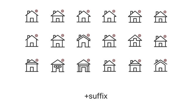 Flat line icon set of various building types with roof details and architectural variations