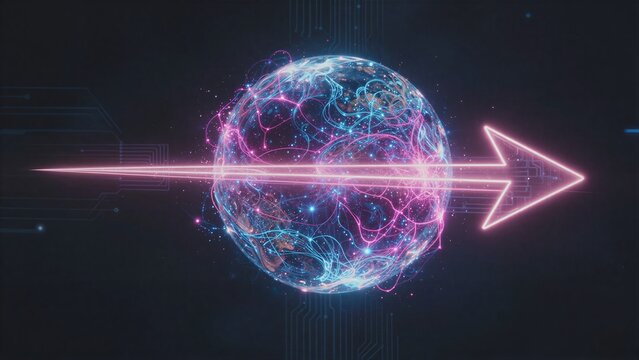 A glowing globe with digital circuits and a neon arrow signifies global technological advancement.