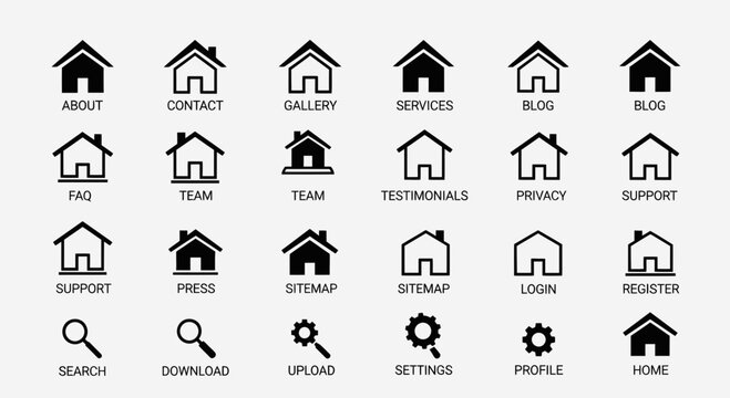 Grid of black and white house and gear icons representing website navigation and support options