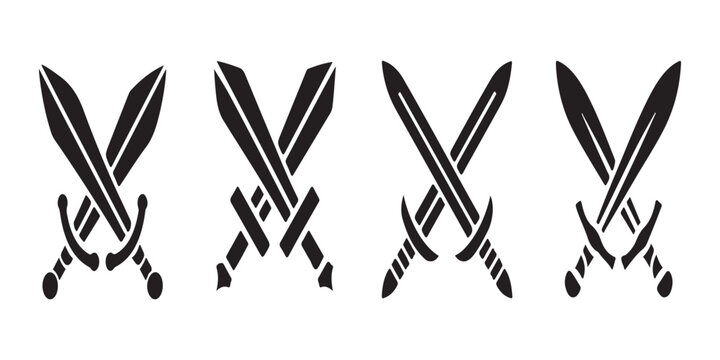 Collection of four isolated silhouettes featuring crossed swords and historical blades for heraldry or sport use.