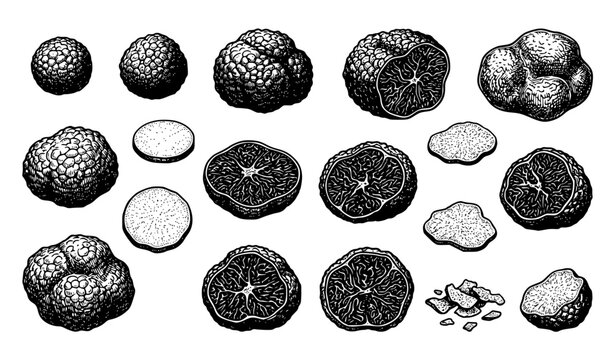 Gourmet Black Truffle Mushroom Icon Set with Whole, Halved, Shaved, and Sliced Elements for Culinary, Restaurant, and Premium Food Packaging Designs