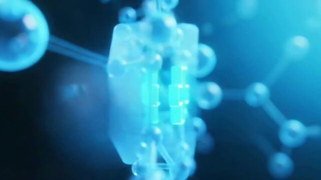 Glowing molecular structure with a central hash symbol, interconnected blue geometric lattice, scientific abstract graphic, particle network, nanotechnology visualization.
