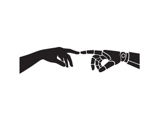 Fototapeta premium Black Silhouette of Human and Robot Hands Touching on White Background