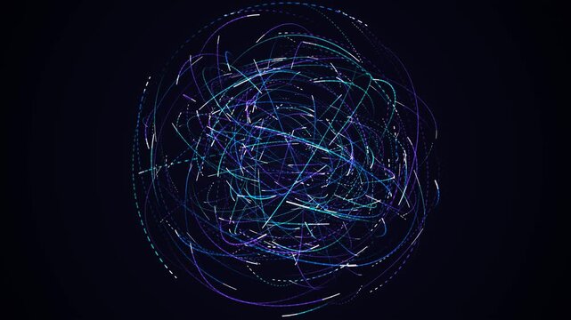 Abstract Sci-Fi Technology Core Sphere Loop Background, Animated Glowing Neon Light Lines Moving in Chaotic Digital Circular Motion Orbit Overlay