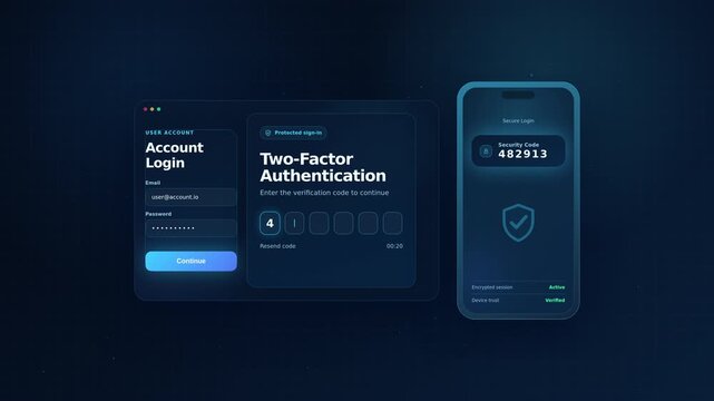 Secure account login shows two-factor authentication code transfer between desktop and smartphone on blue cyber interface