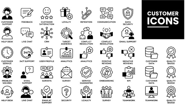 Customer icon set. Containing call center, communicate, crm, customer service, feedback, management and more. Solid icons collection.