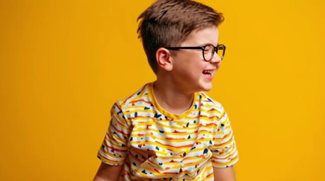 A young boy wearing glasses and a colorful shirt.