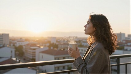 Fototapeta premium Woman sips hot drink, gazes at sunset over city skyline from balcony.