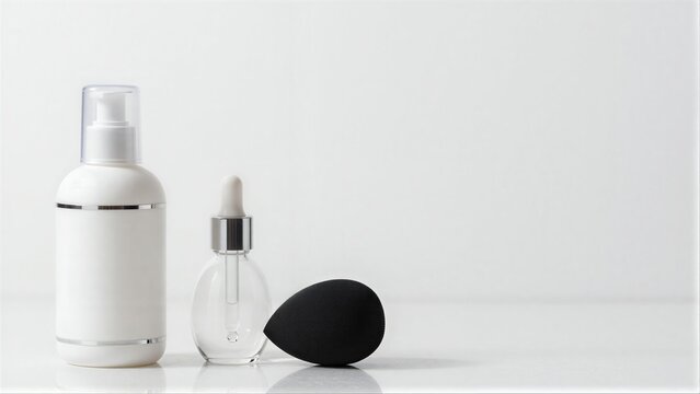 Minimalist beauty setup: white pump bottle, glass dropper, black sponge on clean surface.