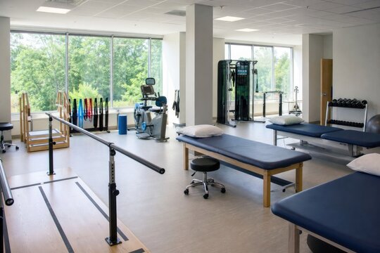 Physical therapy clinic interior with modern treatment tables, parallel bars, stationary bicycle, and rehabilitation equipment in bright spacious room with large windows.