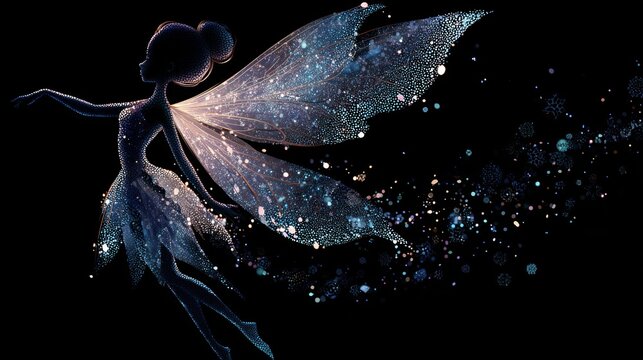 Fantasy wallpaper. A digital artwork depicts a fantastical fairy in a dynamic pose. The fairy is depicted in a side profile, with its wings spread wide.