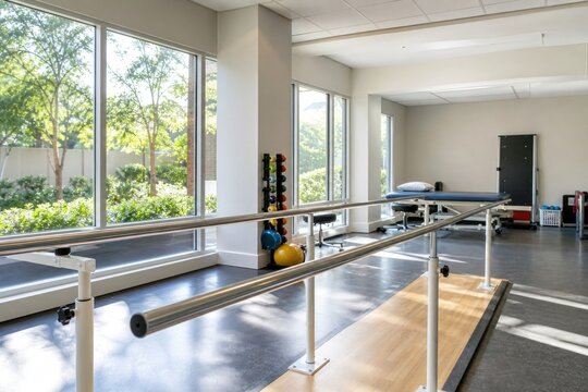 Physical therapy rehabilitation clinic room featuring parallel bars, treatment table, and exercise equipment in bright modern interior with large windows and natural light.
