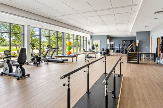 Modern physical therapy clinic interior with rehabilitation equipment including parallel bars, treadmill, stationary bikes, and exercise balls in bright spacious room with large windows.