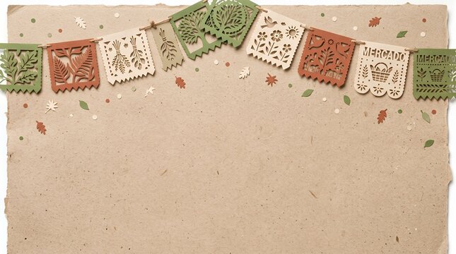 Decorative papel picado party background with festive garland border background celebration colorful decoration invitation restaurant template negative